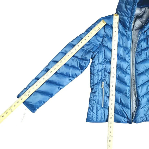 NWT Kenneth Cole Blue Gray Bib Front Zip Hooded Puffer Jacket Petrol L - Picture 14 of 16